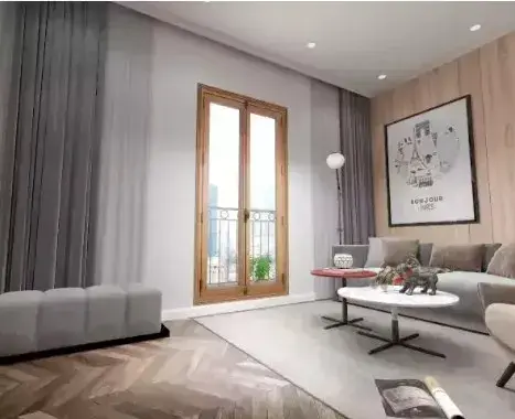 Fenêtre bois à l'aigle avec séjour épuré et lumineux